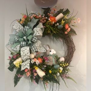 Floral Spring Wreath with Bunny and Bow